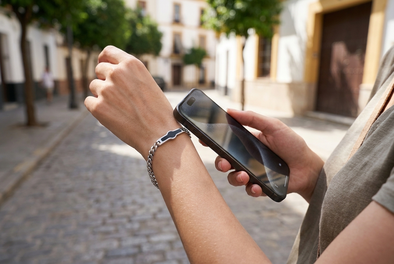 iPhone wird mit der Rückseite an das inTatches-Armband gehalten — NFC-Scan öffnet die Erinnerungen