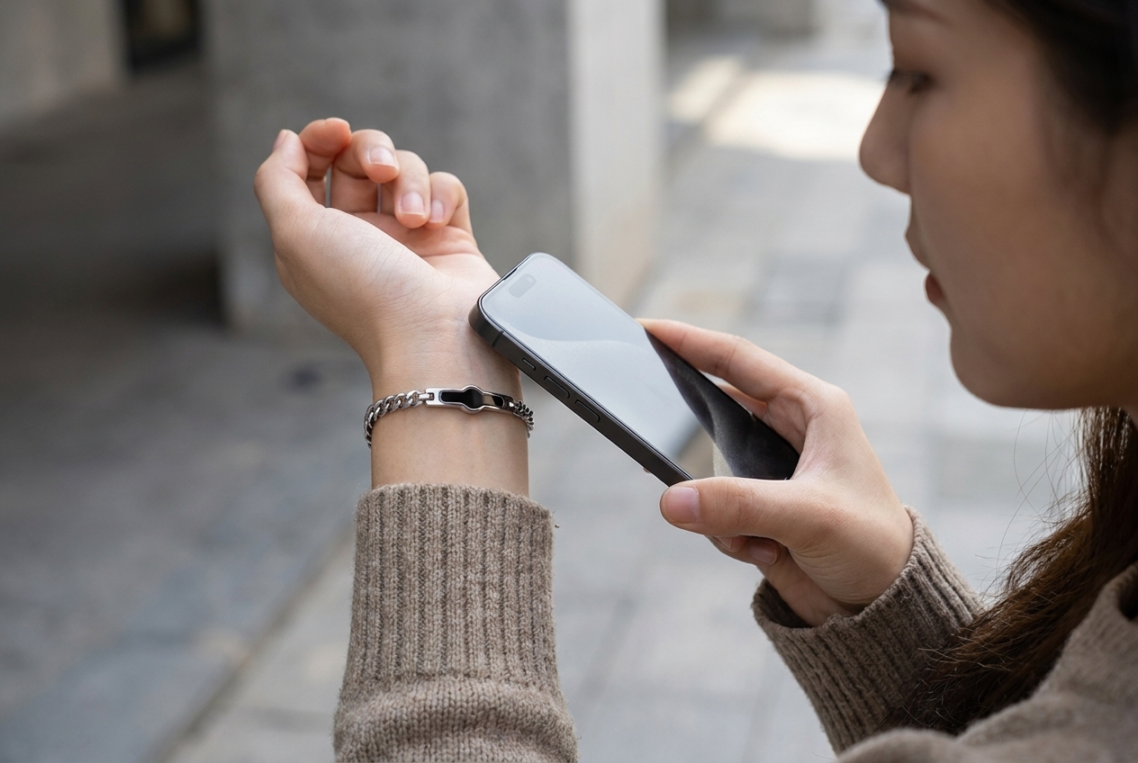Smartphone scannt das Armband — der Moment der Erinnerung
