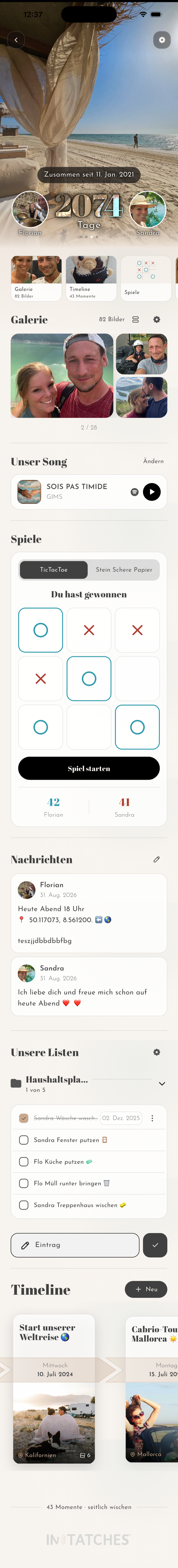 IN TATCHES App — Partnerseite mit Galerie, Unser Song, Spielen, Nachrichten, Listen und Timeline