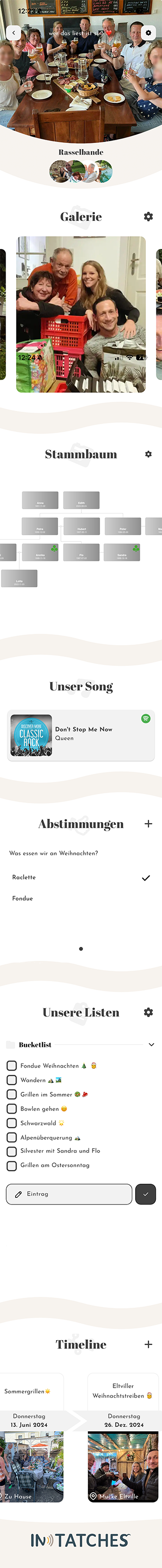 IN TATCHES App — Familienseite mit Galerie, Stammbaum, Unser Song, Abstimmungen, Listen und Timeline