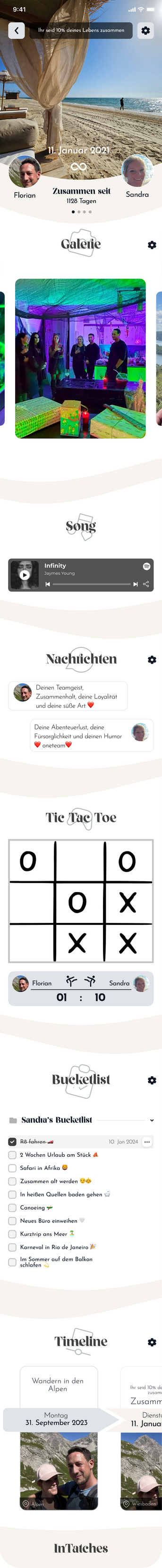 IN TATCHES App — Partnerseite mit Galerie, Nachrichten, Mini-Games, Bucketlist und Timeline