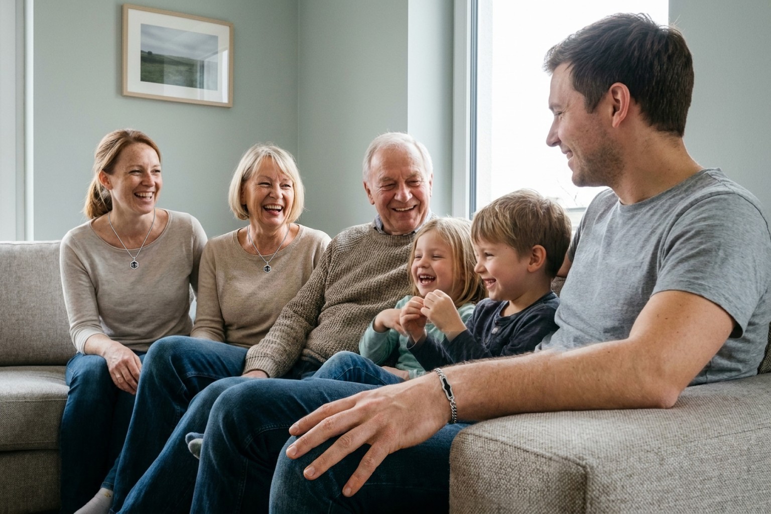 Glückliche Mehrgenerationen-Familie mit NFC-Familienschmuck