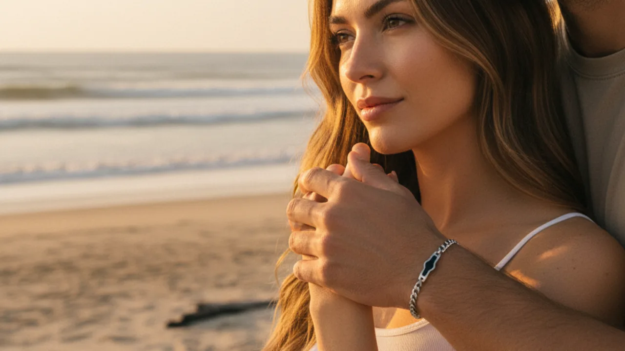 Paar am Strand bei Sonnenuntergang trägt IN TATCHES NFC Partner-Armbänder