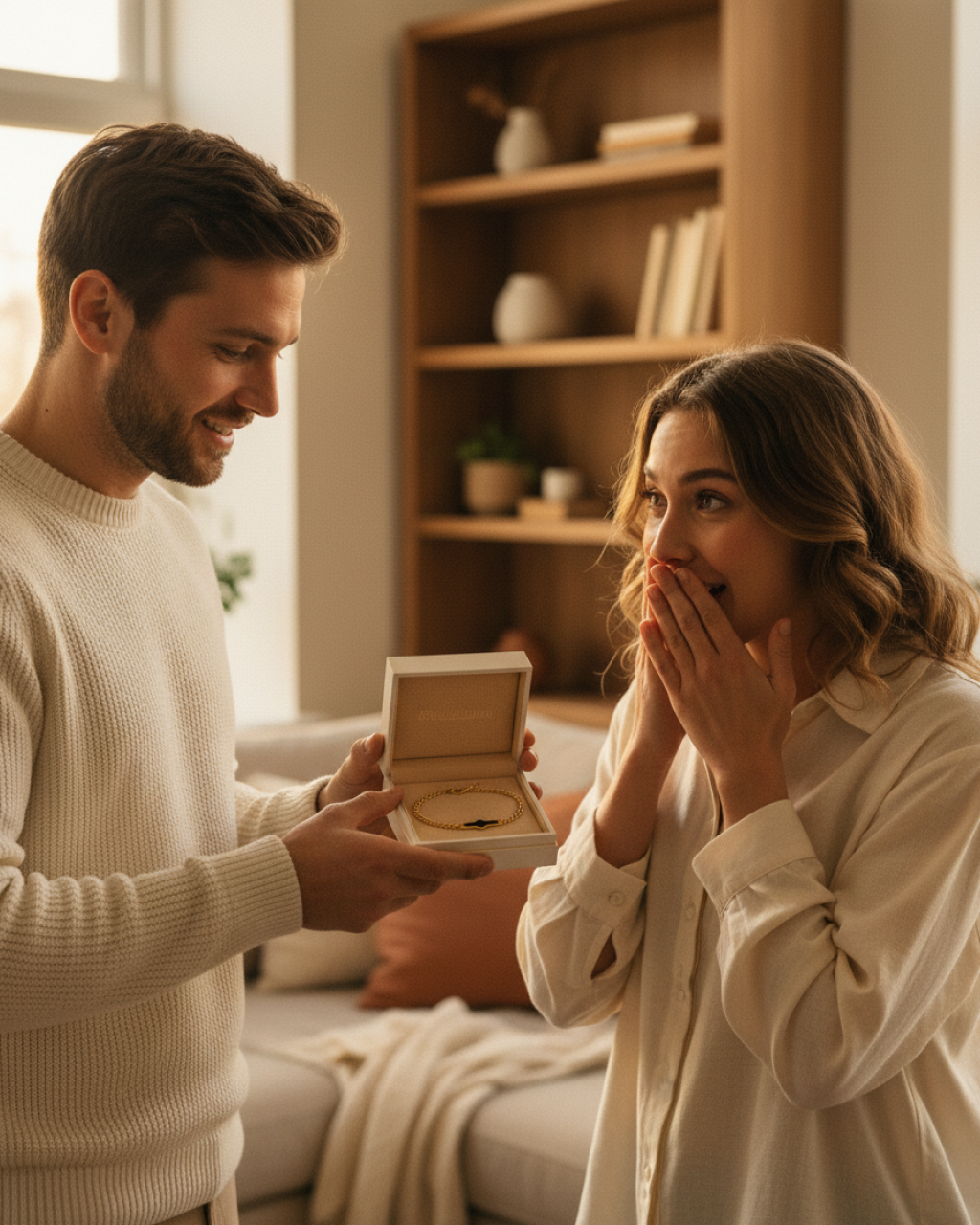 Paar packt gemeinsam die Geschenkbox mit dem Partner-Set aus