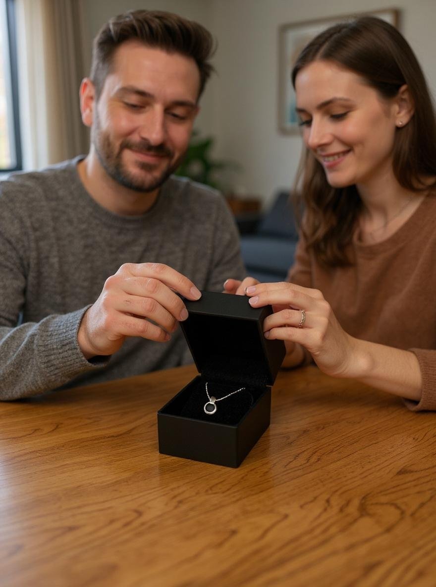 Paar packt gemeinsam die Geschenkbox mit dem Schmucktagebuch aus