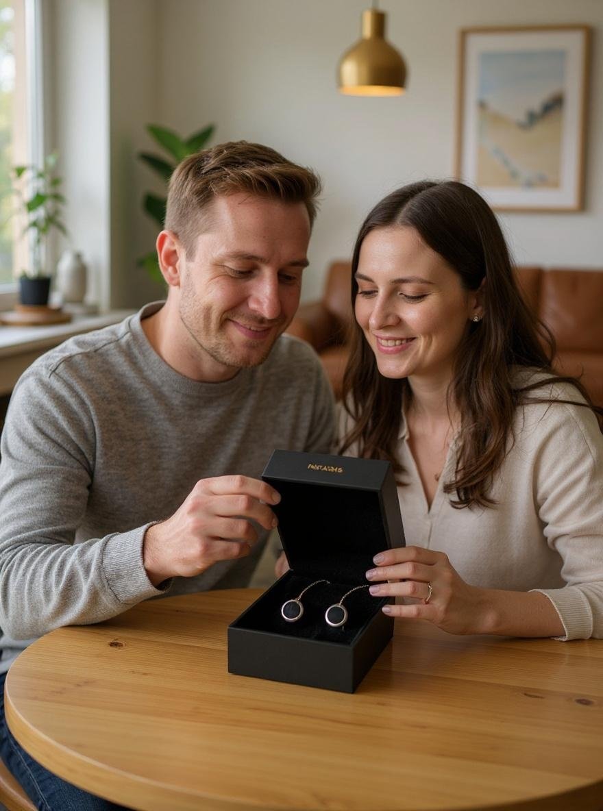 Paar packt gemeinsam die Geschenkbox mit dem Kordelarmband NFC Infinity aus