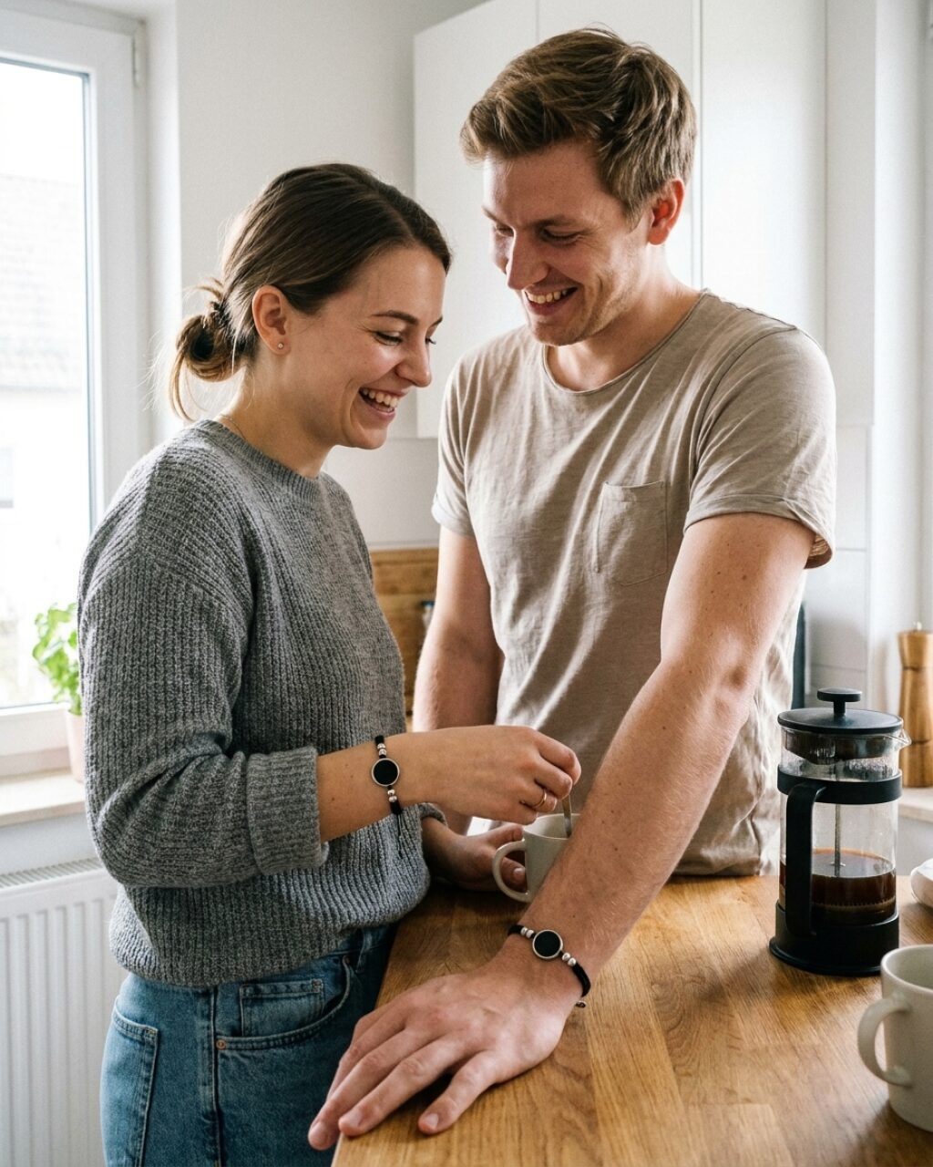 Paar morgens in der Küche — beide tragen die NFC Kordelarmbänder sichtbar am Handgelenk