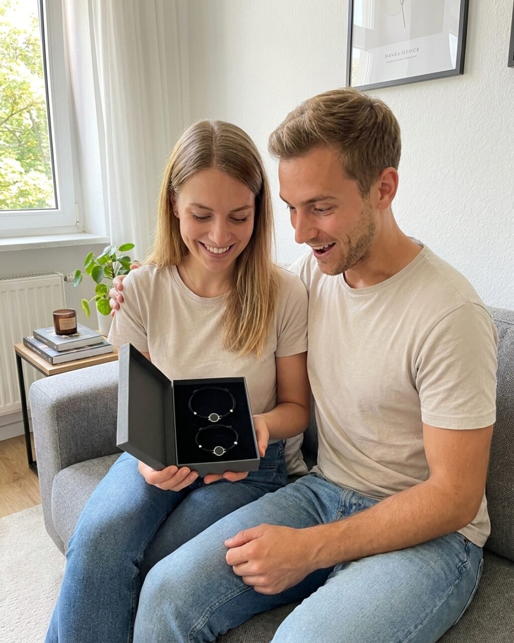 Junges Paar packt gemeinsam die original IN-TATCHES Geschenkbox mit beiden NFC Kordelarmbändern aus