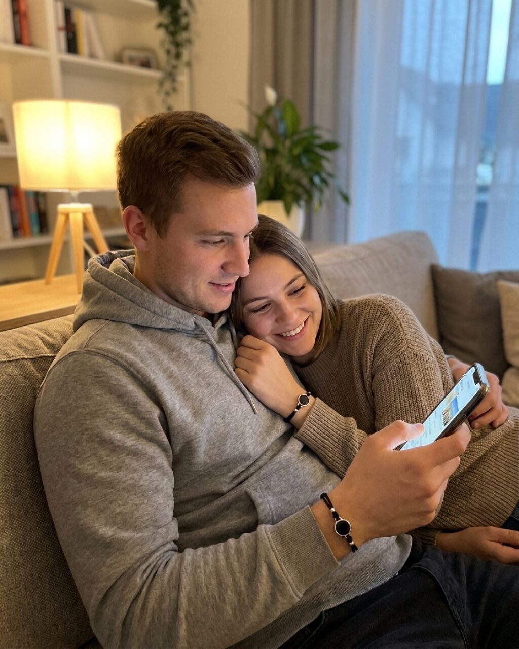 Paar auf der Couch schaut gemeinsam aufs Smartphone — beide tragen die NFC Kordelarmbänder am Handgelenk