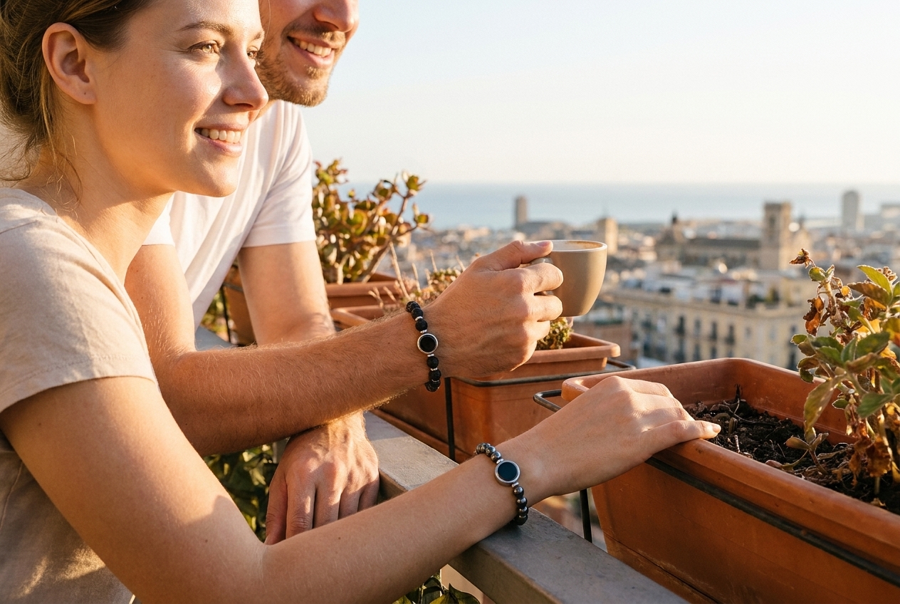 Paar auf sonniger Dachterrasse mit Stadt- und Meerblick — beide tragen die Perlenarmbänder (Keramik & Lavastein)