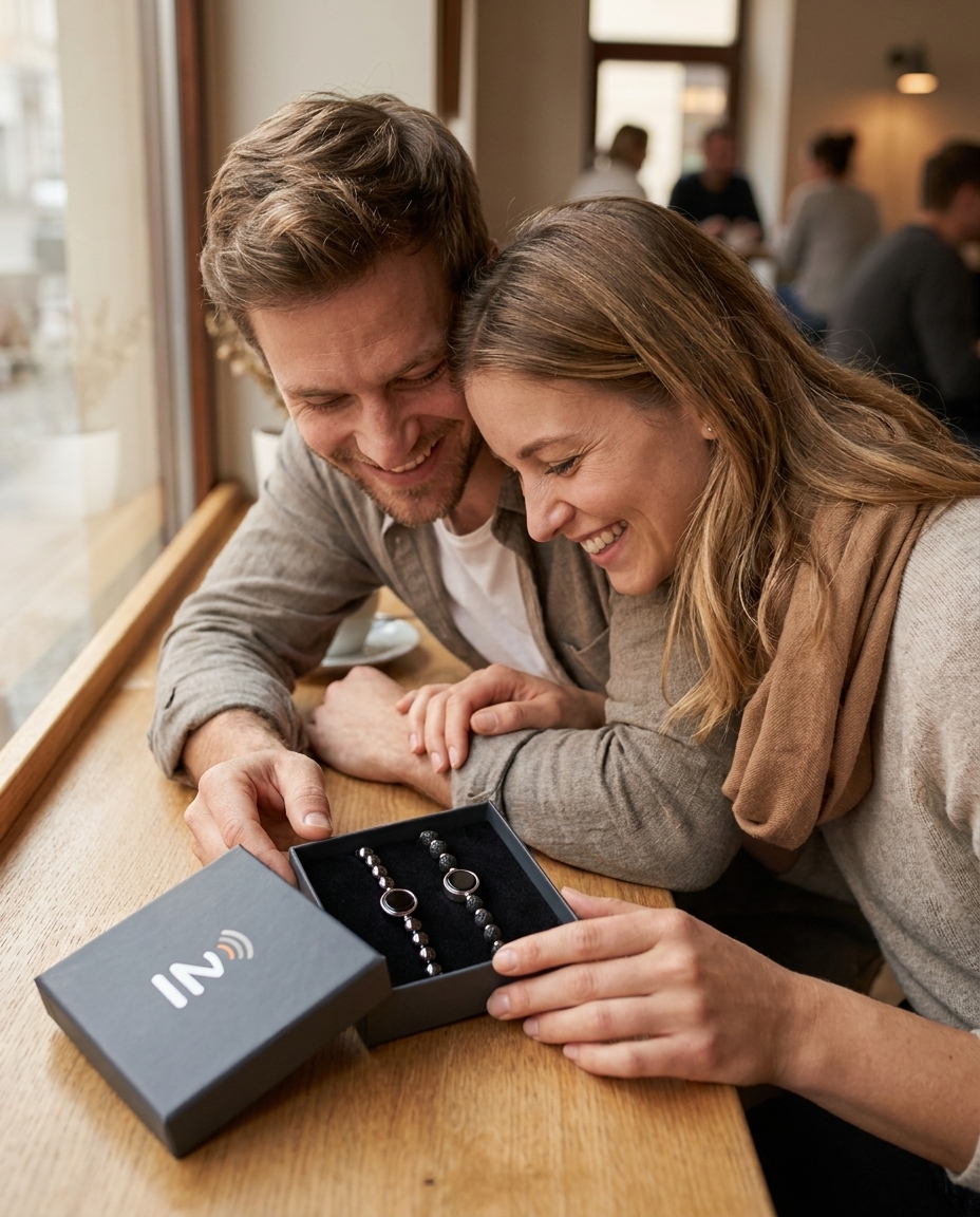 Paar öffnet im Café gemeinsam die InTatches-Schmuckbox mit dem Keramik- und Lavastein-Armband