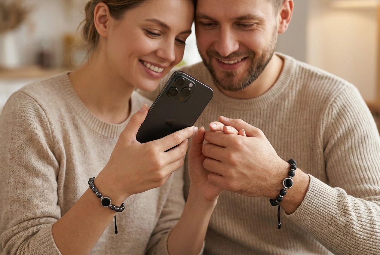 Junges Paar schaut gemeinsam aufs Smartphone — sie trägt das Keramik-, er das Lavastein-Armband
