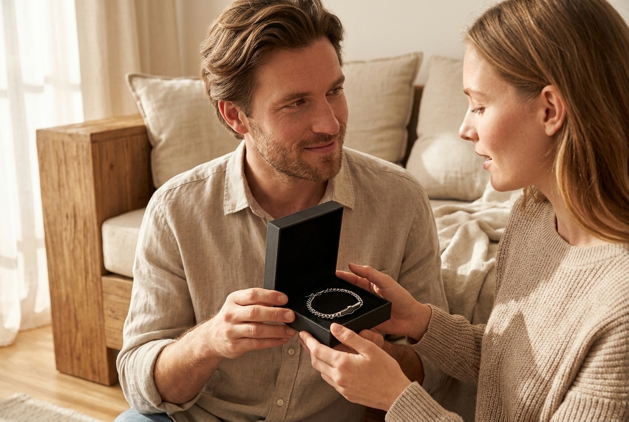 Mann überreicht seiner Partnerin die InTatches-Geschenkbox mit dem NFC Armband Damen