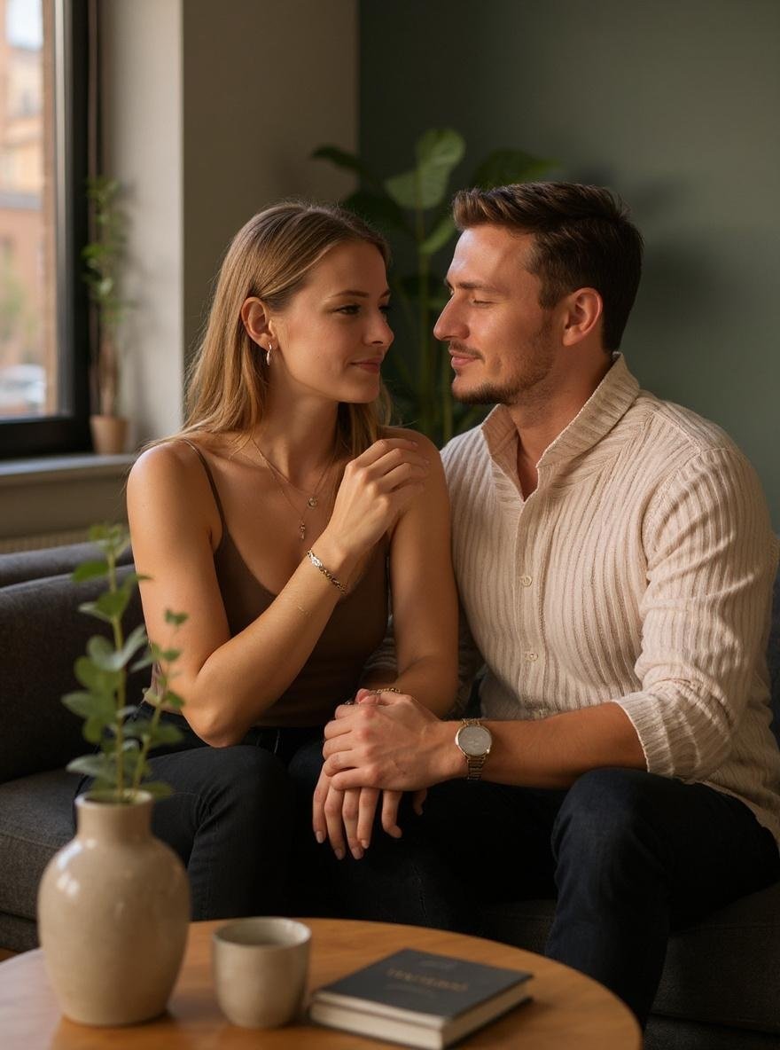 Paar kuschelt zuhause auf der Couch, er trägt das NFC Armband Herren am Handgelenk