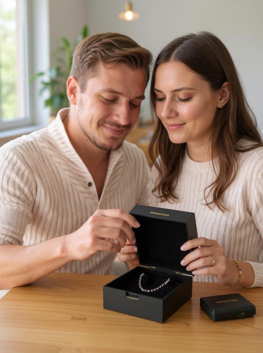 Frau überreicht ihrem Partner die InTatches-Geschenkbox mit dem NFC Armband Herren