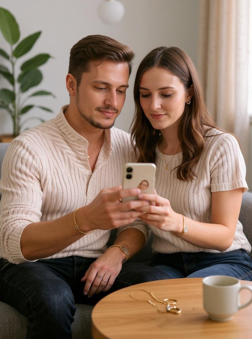 Paar schaut gemeinsam aufs Smartphone — er trägt das NFC Armband Herren