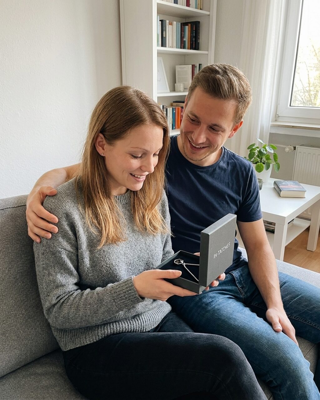 Junges Paar packt gemeinsam die original InTatches-Geschenkbox mit der NFC Halskette Damen aus
