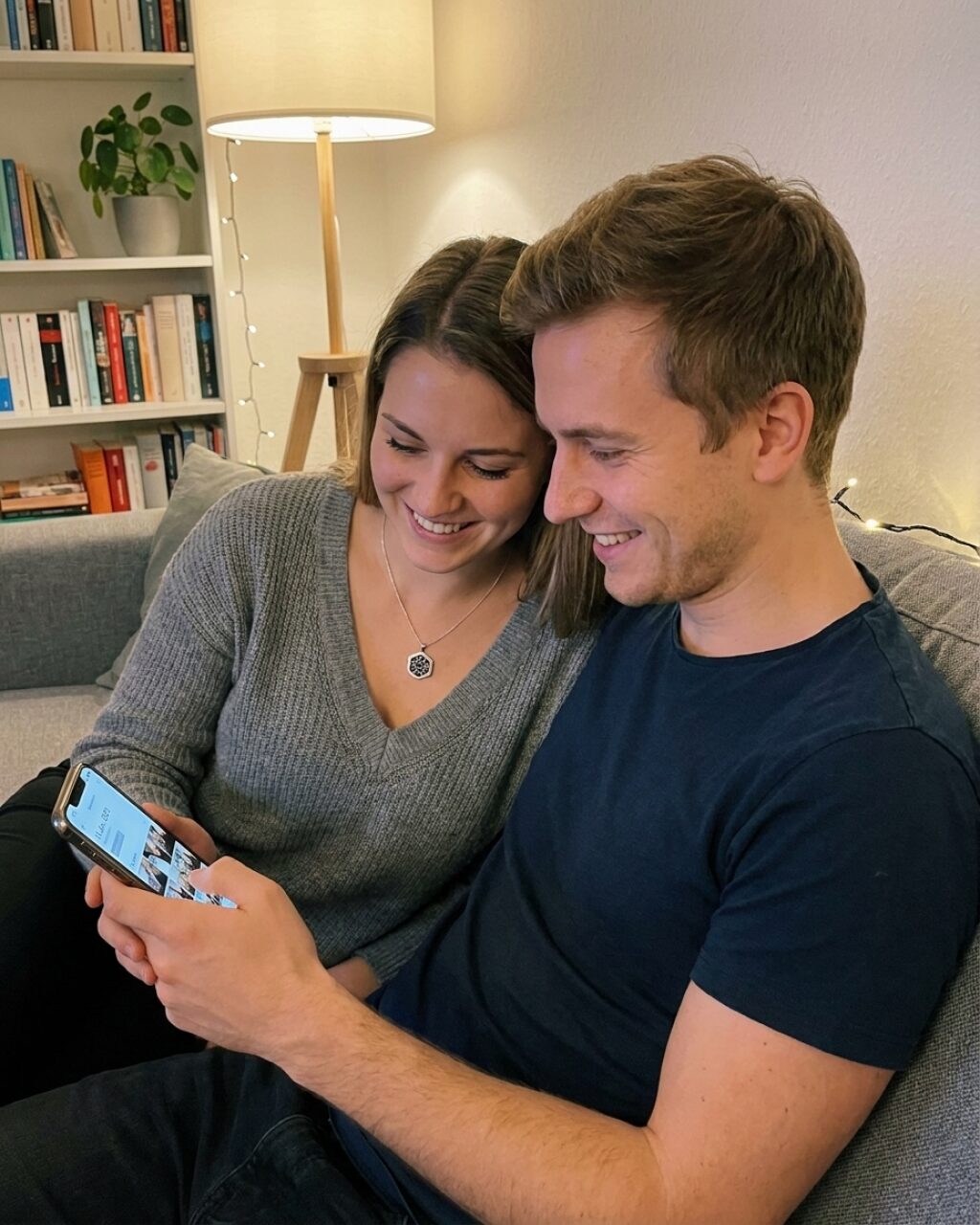 Paar auf der Couch schaut gemeinsam aufs Smartphone — sie trägt die NFC Halskette Damen