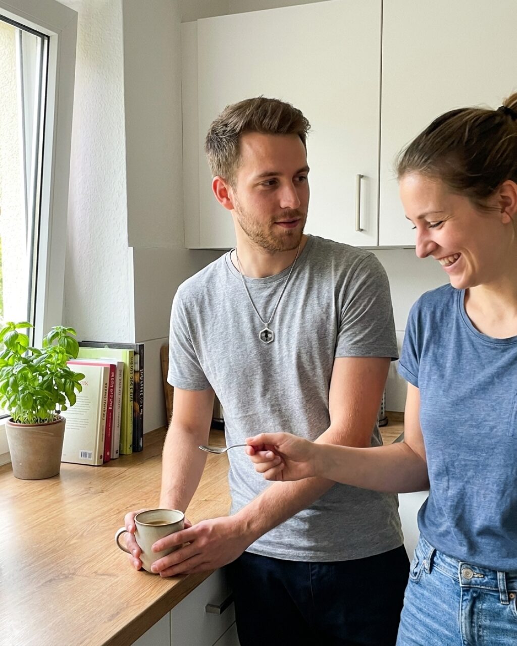 Junger Mann am Morgen in der Küche, trägt die NFC Halskette Herren sichtbar am Schlüsselbein