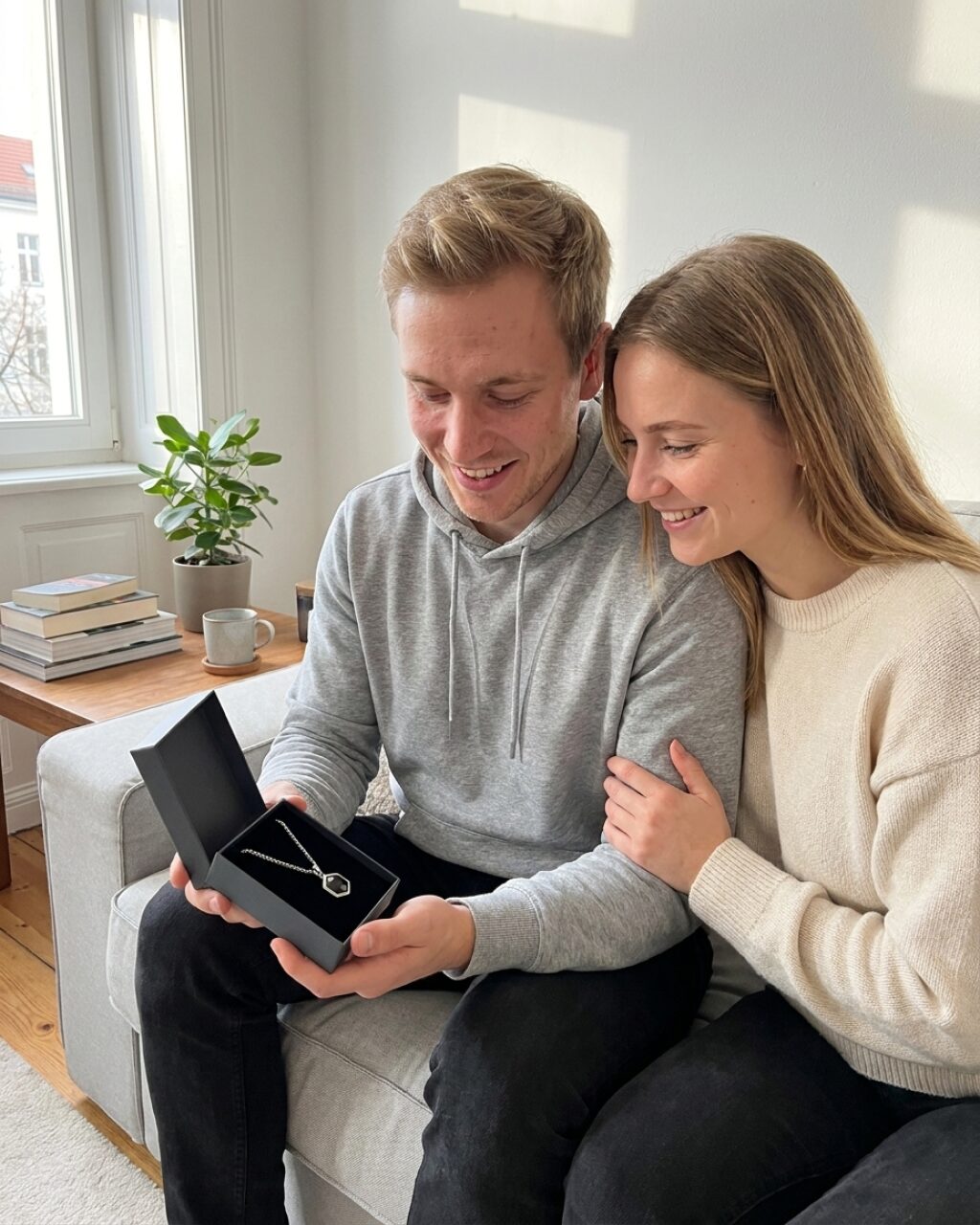 Junges Paar packt gemeinsam die original InTatches-Geschenkbox mit der NFC Halskette Herren aus