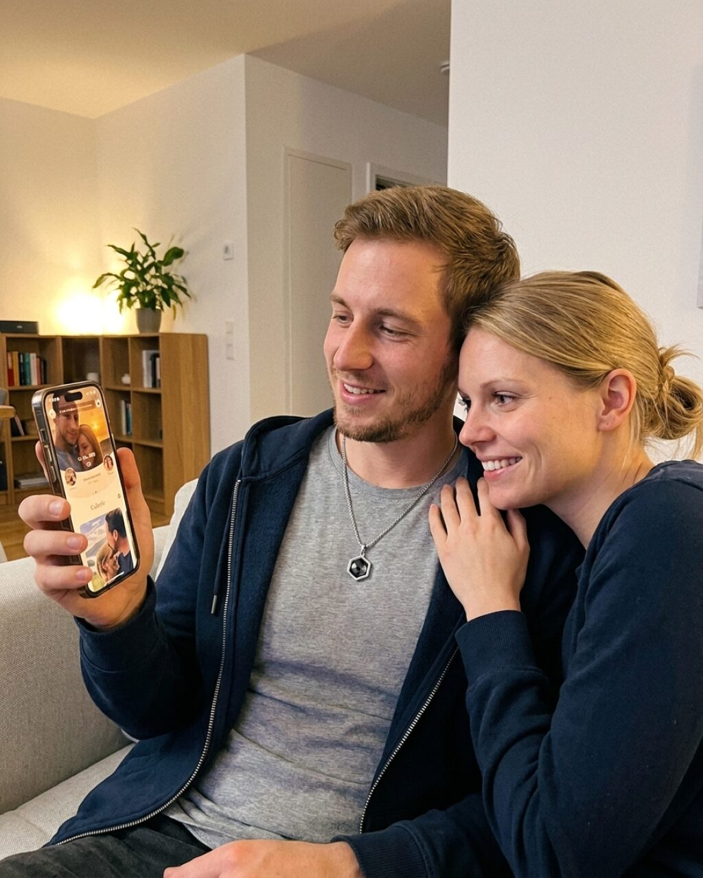 Paar auf der Couch schaut gemeinsam aufs Smartphone — er trägt die NFC Halskette Herren