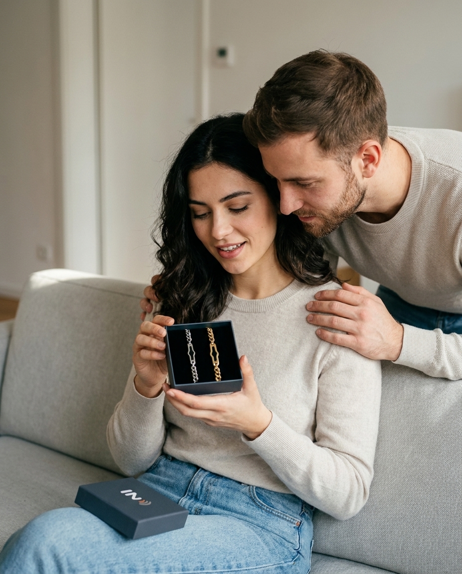 Paar packt gemeinsam die InTatches-Geschenkbox mit beiden NFC Partner-Armbändern aus