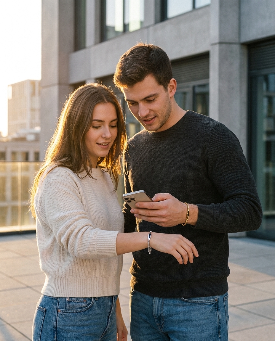 Paar schaut gemeinsam aufs Smartphone — beide tragen die NFC Partner-Armbänder