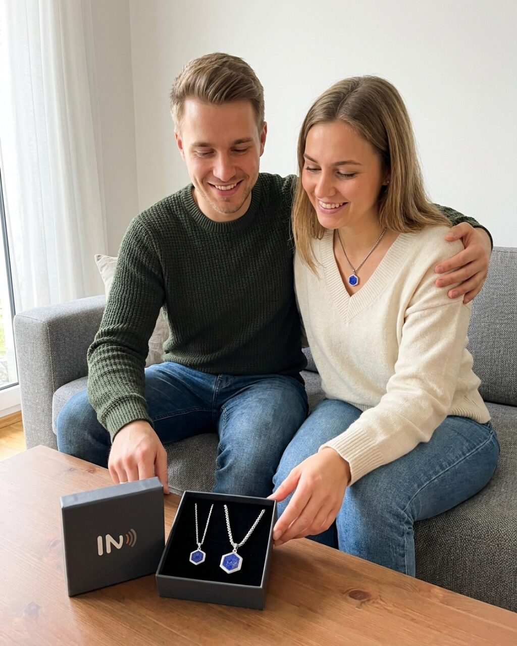Paar packt gemeinsam die Geschenkbox mit den NFC Partner-Halsketten aus
