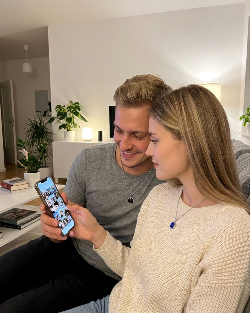 Paar schaut gemeinsam aufs Smartphone — beide tragen die NFC Halsketten