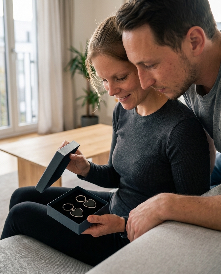 Paar packt gemeinsam die Geschenkbox mit zwei NFC Herz-Schlüsselanhängern aus