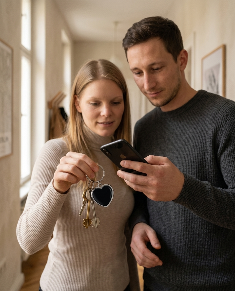 Paar schaut gemeinsam aufs Smartphone, zwei Herz-Schlüsselanhänger liegen daneben