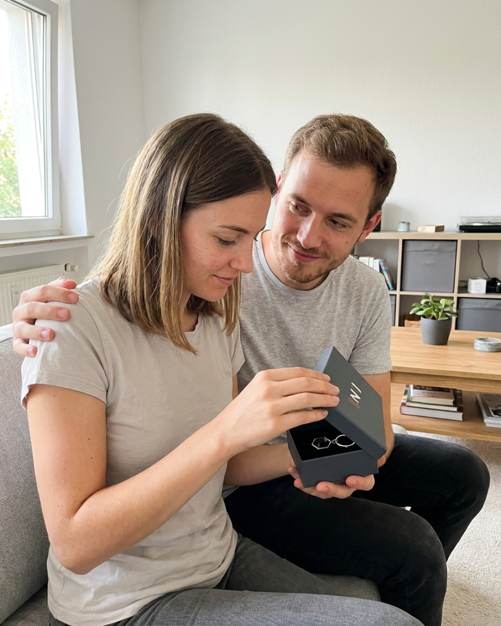 Paar packt gemeinsam die Geschenkbox mit zwei NFC Hexagon-Schlüsselanhängern aus