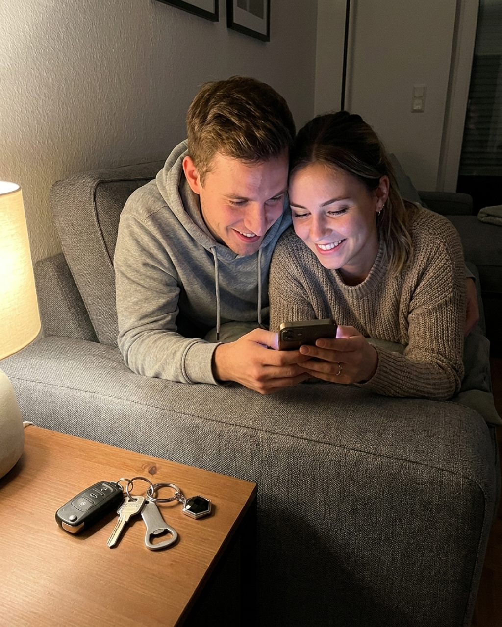 Paar schaut gemeinsam aufs Smartphone, zwei Hexagon-Schlüsselanhänger liegen daneben