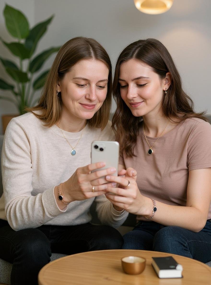 Paar schaut gemeinsam aufs Smartphone, zwei Schmucktagebücher hängen an den Taschen