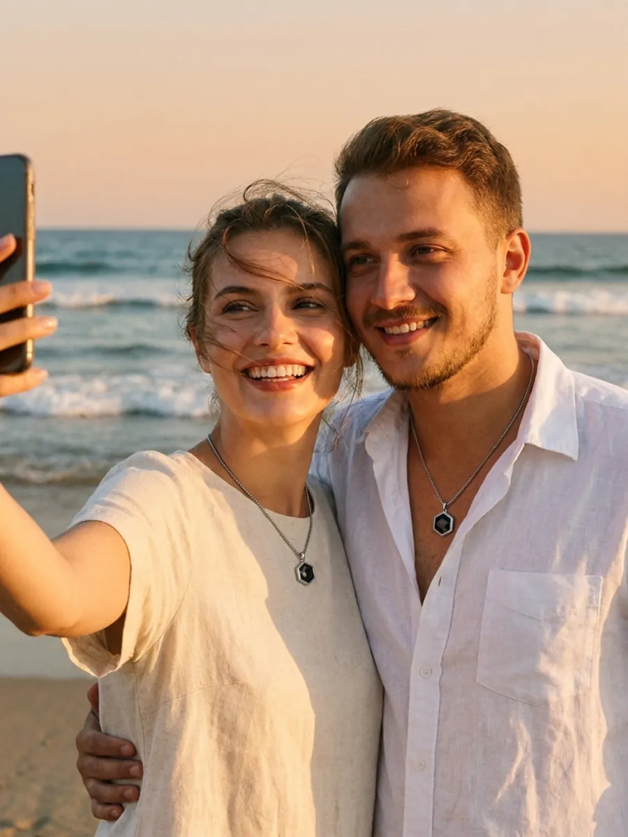 Paar macht Strand-Selfie bei Sonnenuntergang — beide tragen inTatches Partner-Halsketten
