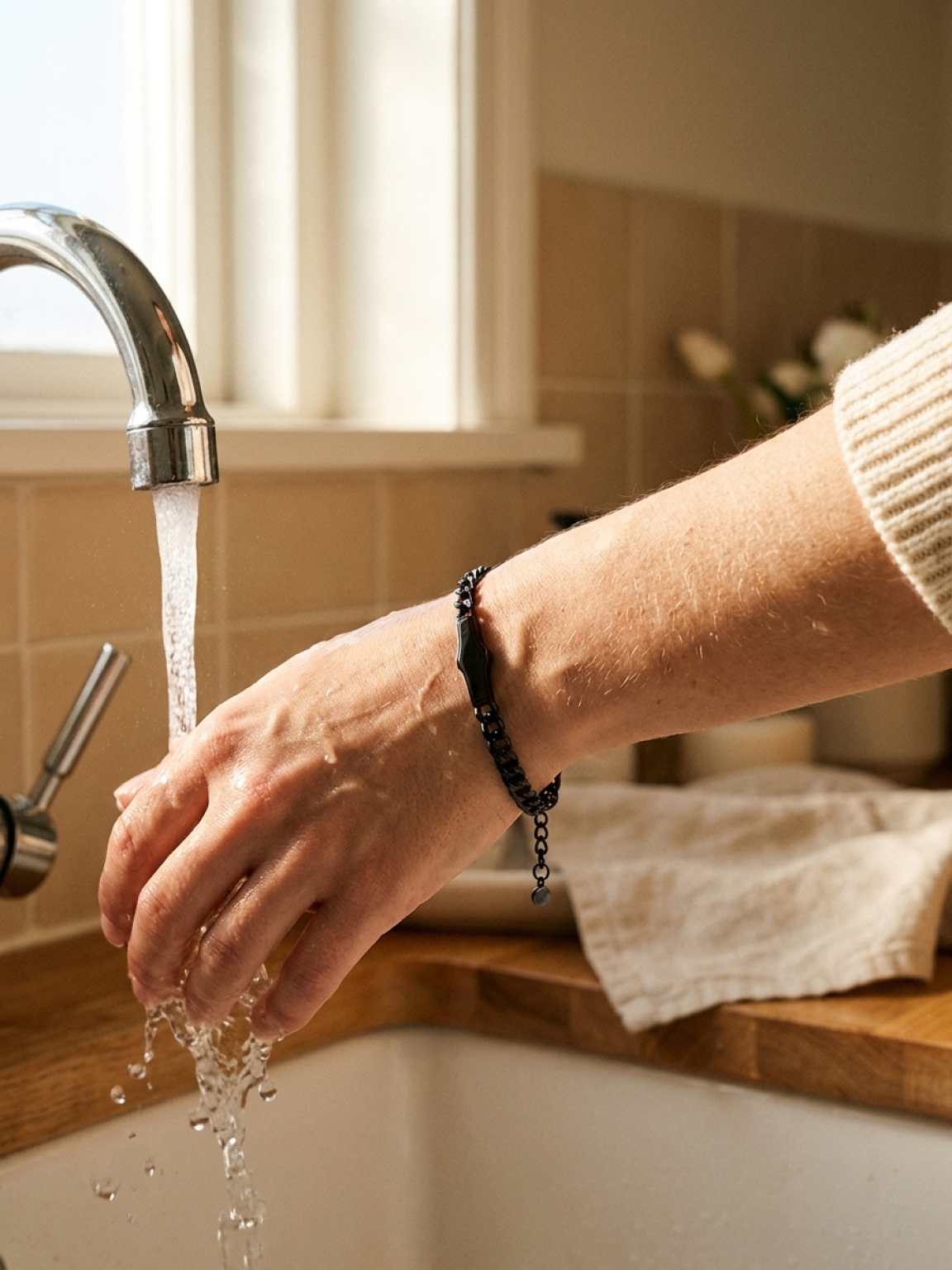 Armband am Handgelenk unter fließendem Wasser am Waschbecken